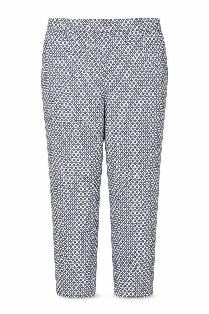 Front view of H&M women’s blue geometric capri trousers, size UK 42, 27-inch leg