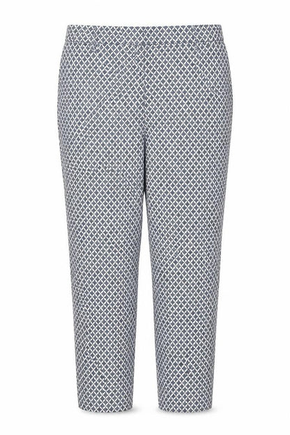 Front view of H&M women’s blue geometric capri trousers, size UK 42, 27-inch leg