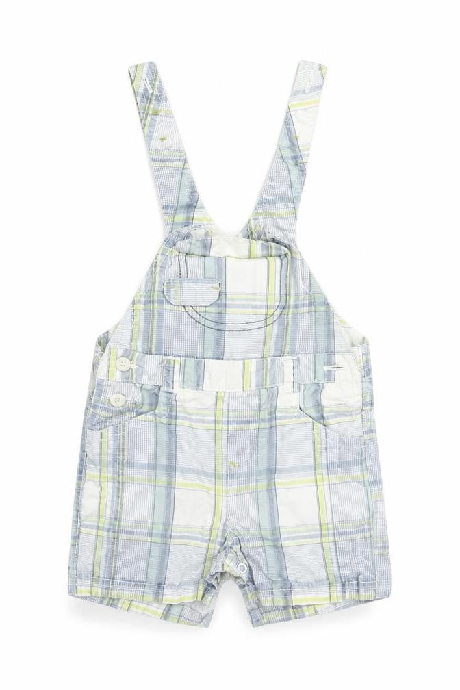Front view of Next boys’ white check dungaree one-piece, size 3-6, months