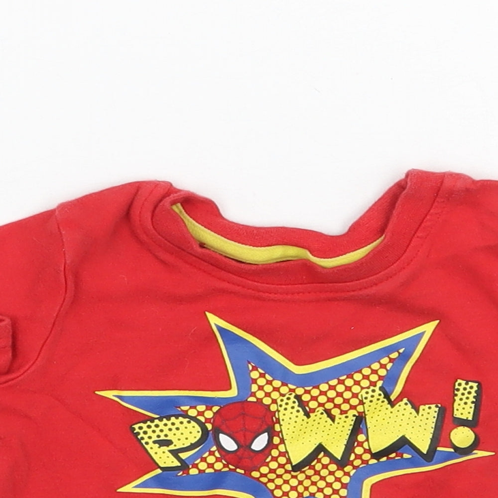 Close-up detail of George boys’ red basic t-shirt, size 3-6, months - spiderman