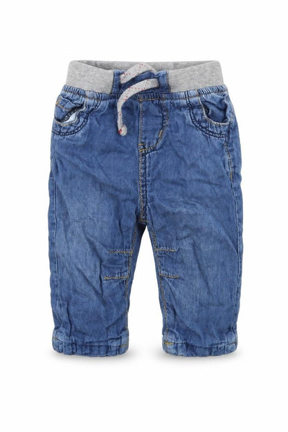 Front view of Early Days boys’ blue cargo jeans, size 3-6, months