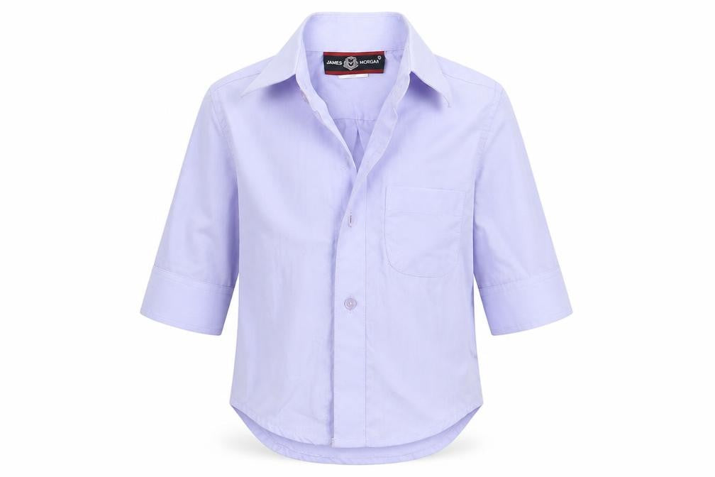 Front view of James morgan boys’ purple basic button-up, size 12, months