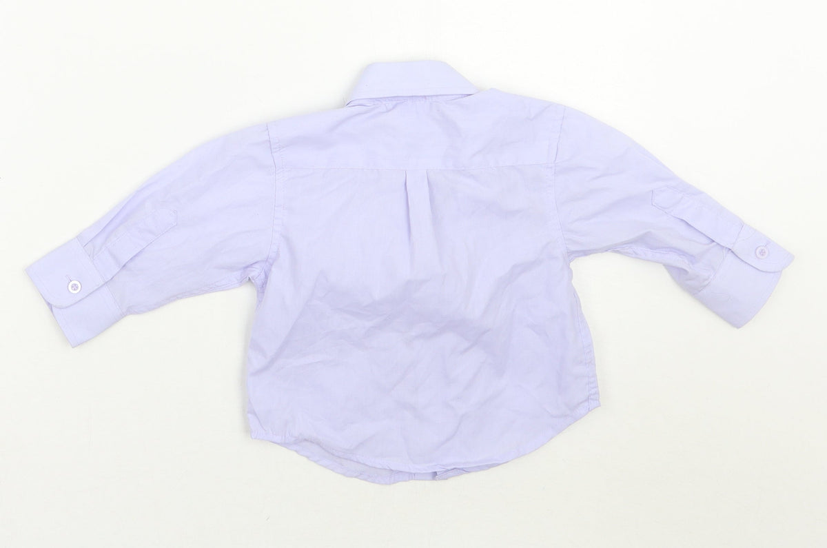 Back view of James morgan boys’ purple basic button-up, size 12, months