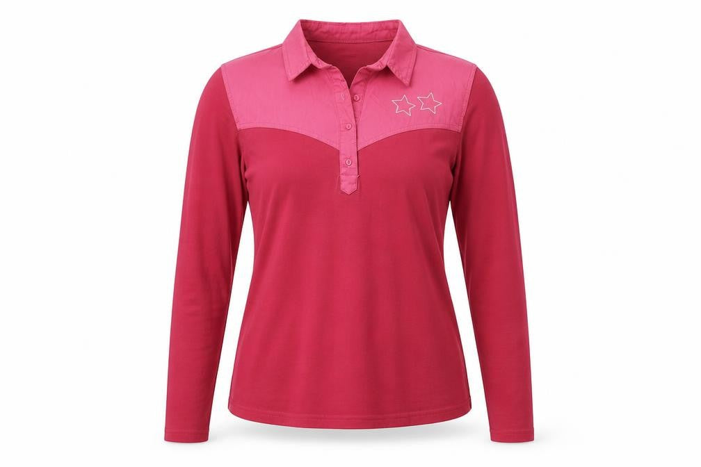 Front view of stone deek women’s pink basic polo, size M