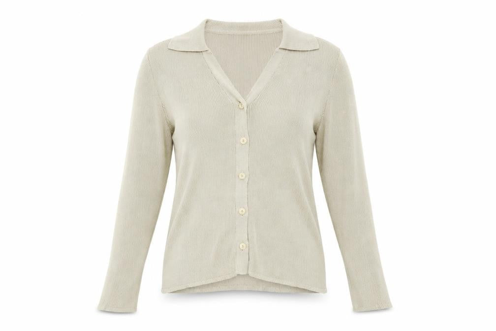 Front view of Liz Claiborne` women’s beige cardigan jumper, size M