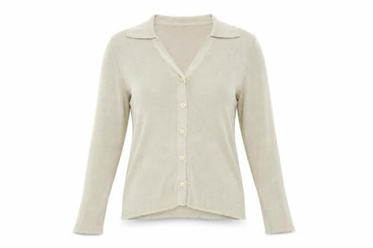 Front view of Liz Claiborne` women’s beige cardigan jumper, size M