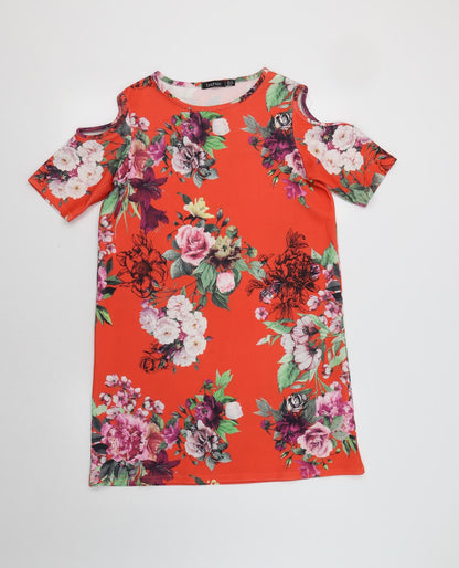 Boohoo Womens Red Floral  Sheath  Size 10  - Cold Shoulder