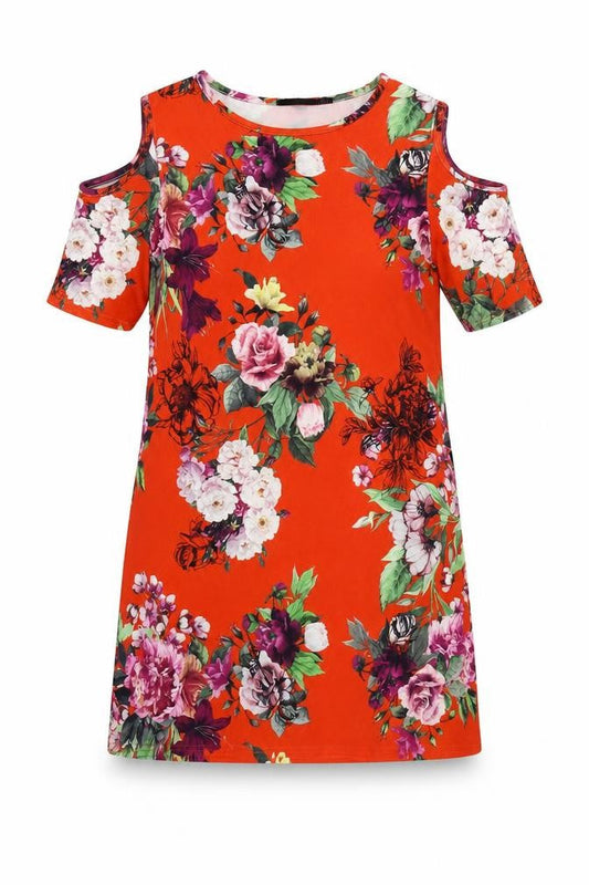 Front view of Boohoo women’s red floral sheath, size UK 10, - cold shoulder