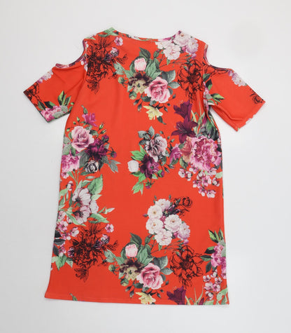 Boohoo Womens Red Floral  Sheath  Size 10  - Cold Shoulder