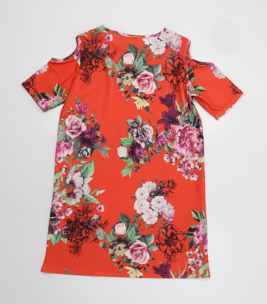 Boohoo Womens Red Floral  Sheath  Size 10  - Cold Shoulder