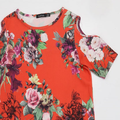 Boohoo Womens Red Floral  Sheath  Size 10  - Cold Shoulder