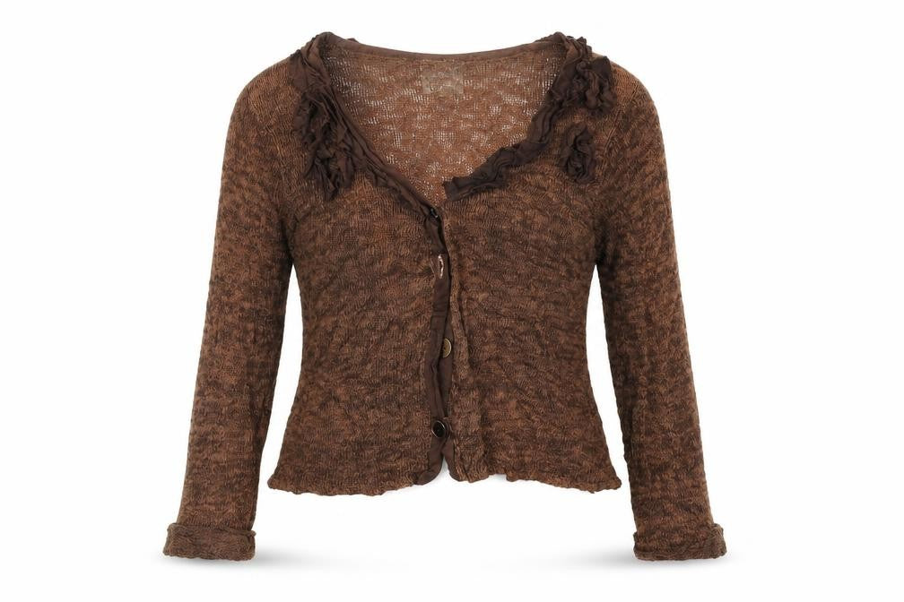 Front view of Preworn women’s brown cardigan jumper, size UK 2