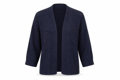 Front view of ISLE women’s blue striped cardigan jumper, size S