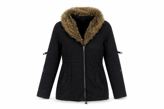 Front view of Ecote women’s black parka coat, size S