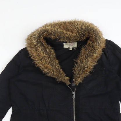 Close-up detail of Ecote women’s black parka coat, size S