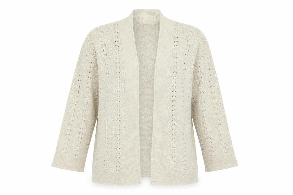 Front view of ISLE women’s beige striped cardigan jumper, size S