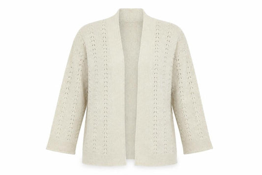 Front view of ISLE women’s beige striped cardigan jumper, size S