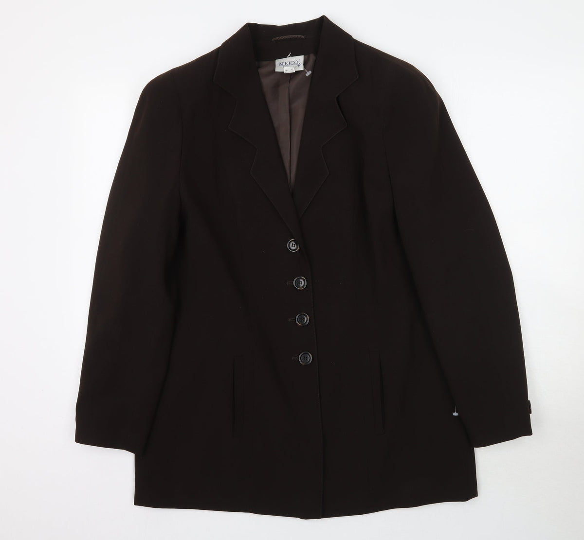 Front view of Meico women’s brown overcoat blazer, size UK 14