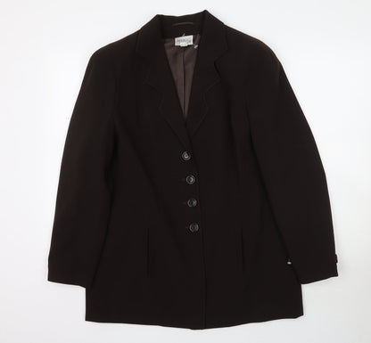 Front view of Meico women’s brown overcoat blazer, size UK 14