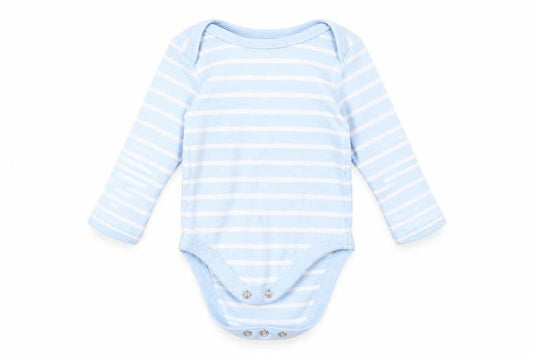Front view of Marks & Spencer boys’ blue striped babygrow one-piece, size 3-6, months
