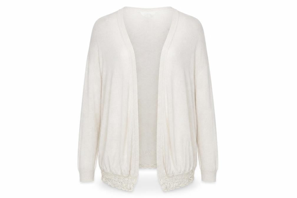 Front view of Dorothy Perkins women’s beige cardigan jumper, size UK 10
