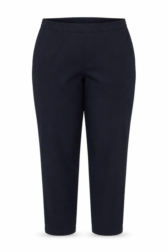 Front view of Preworn women’s blue trousers, size UK 14, 24-inch leg