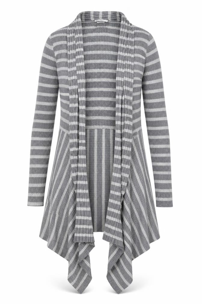 Front view of Marks & Spencer women’s grey striped knit cardigan jumper, size UK 12