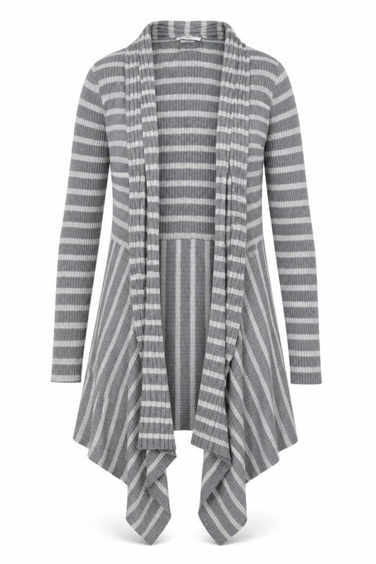 Front view of Marks & Spencer women’s grey striped knit cardigan jumper, size UK 12