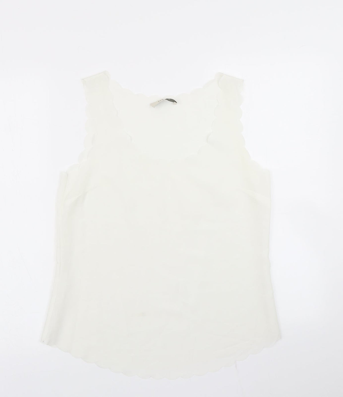 Additional front view of OPasis women’s ivory basic blouse, size UK 10, - scalloped hem
