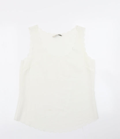 Additional front view of OPasis women’s ivory basic blouse, size UK 10, - scalloped hem