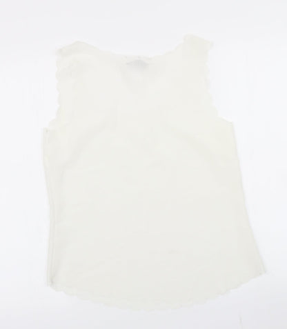 Back view of OPasis women’s ivory basic blouse, size UK 10, - scalloped hem
