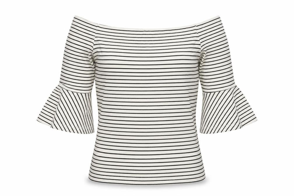 Front view of Topshop women’s blue striped basic t-shirt, size UK 8