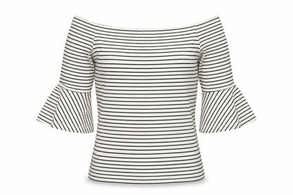 Front view of Topshop women’s blue striped basic t-shirt, size UK 8