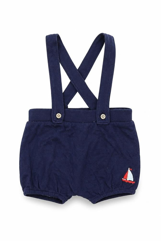 Front view of Little Nutmeg boys’ blue shorts outfit/set, size 0-3, months