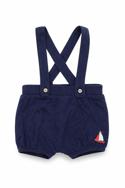 Front view of Little Nutmeg boys’ blue shorts outfit/set, size 0-3, months