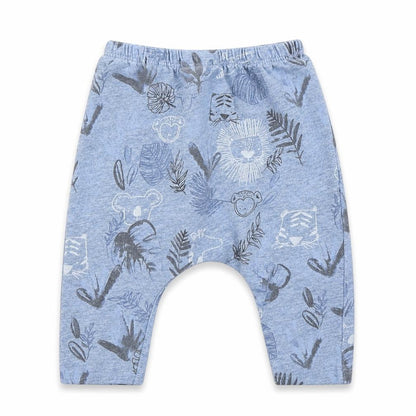 Front view of Next boys’ blue floral jogger trousers, size 3-6, months