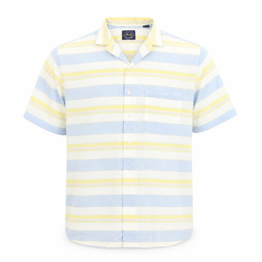 Front view of Allen Jolly women’s blue striped basic button-up, size L