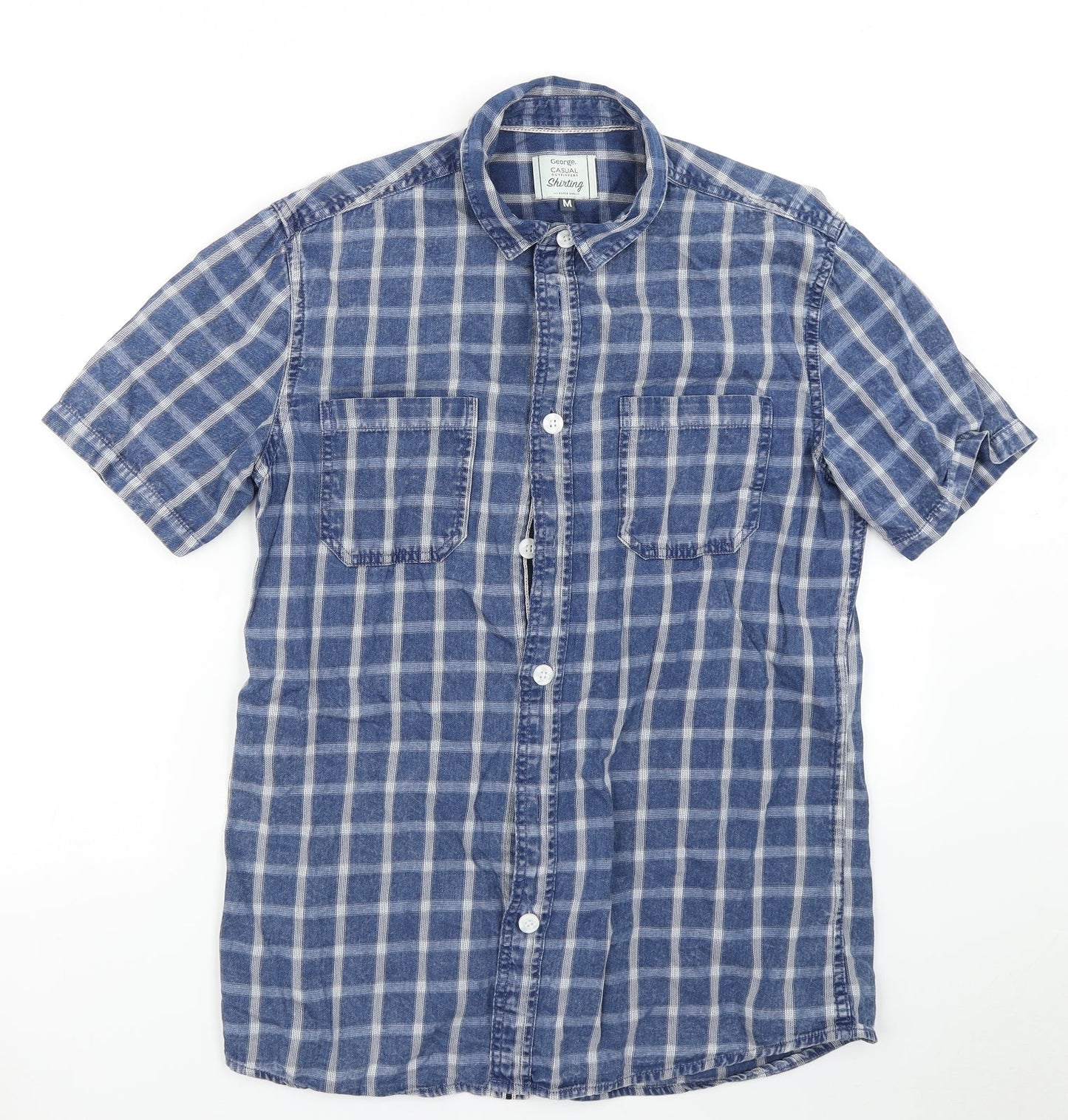 George Mens Blue Check   Button-Up Size M