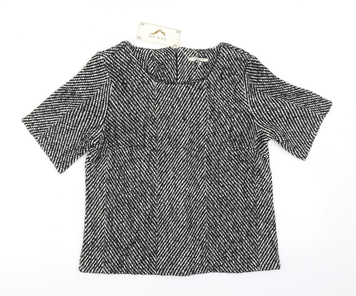 Luc-Ce Womens Black Herringbone  Basic T-Shirt Size S