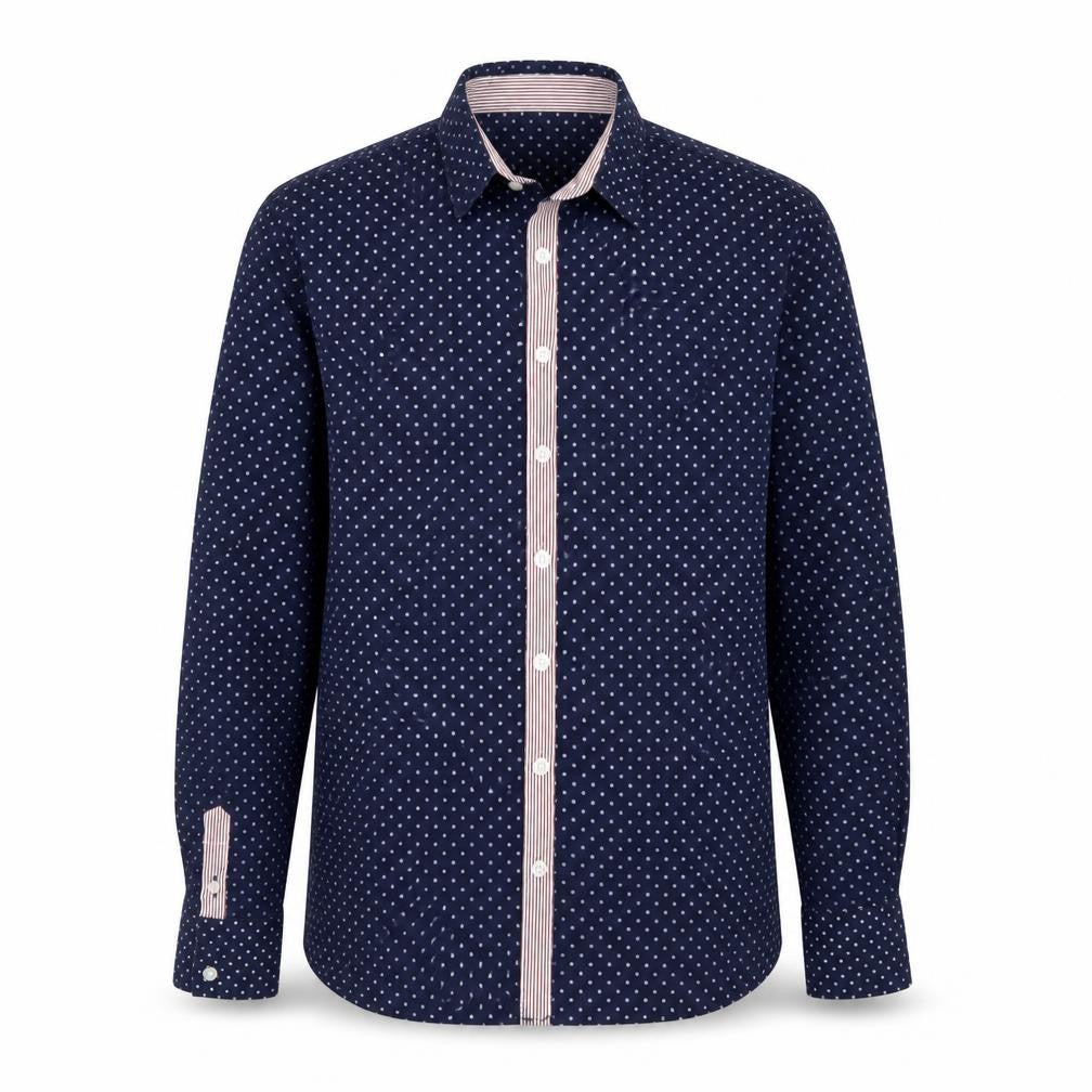 Front view of Rubin boys’ blue polka dot basic button-up, size M