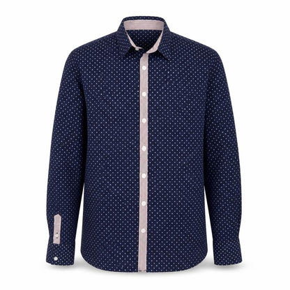 Front view of Rubin boys’ blue polka dot basic button-up, size M