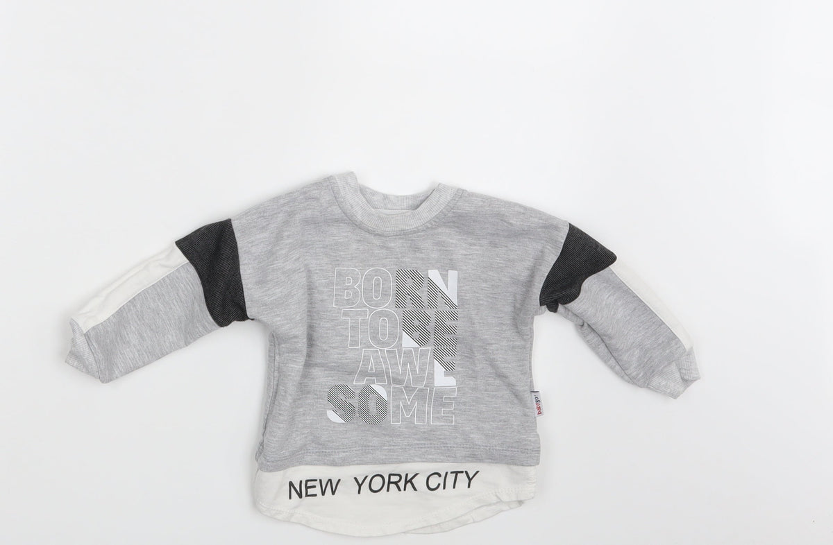 Additional front view of Baby Go boys’ grey striped basic t-shirt one size