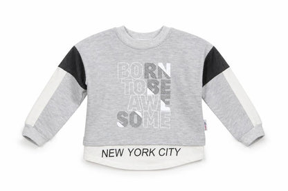 Front view of Baby Go boys’ grey striped basic t-shirt one size
