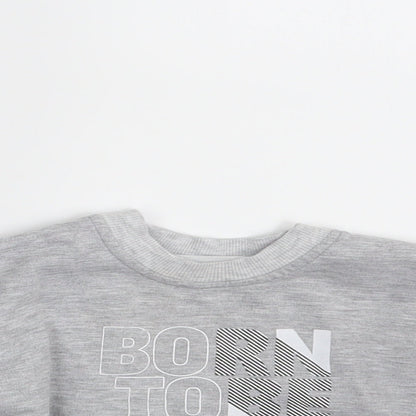 Close-up detail of Baby Go boys’ grey striped basic t-shirt one size