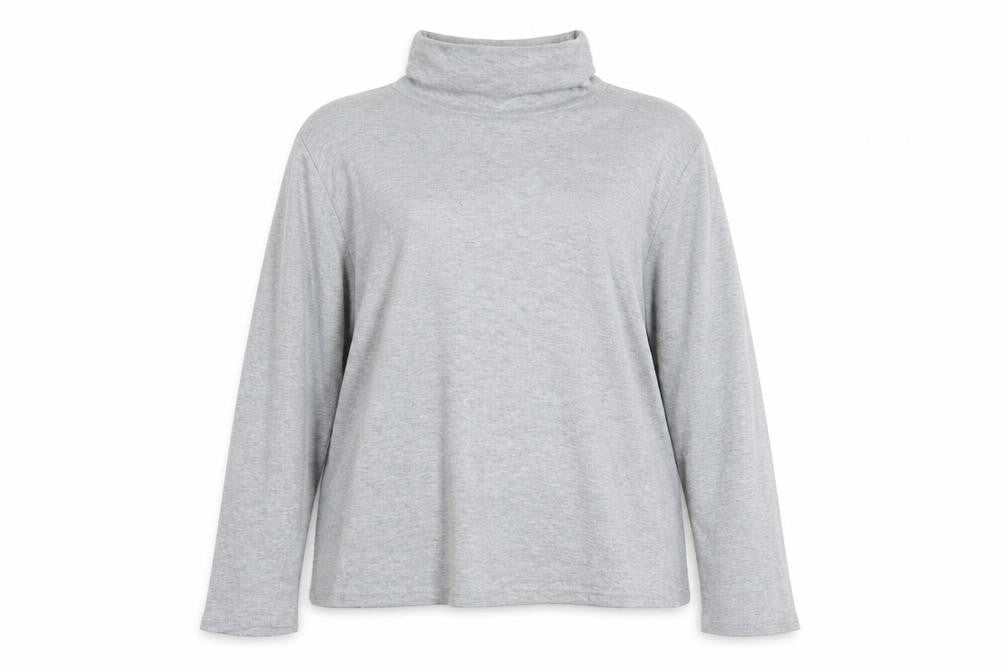 Front view of EWM women’s grey pullover sweatshirt, size UK 14