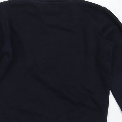 Brand and care label for Next boys’ blue pullover sweatshirt, size 11, years
