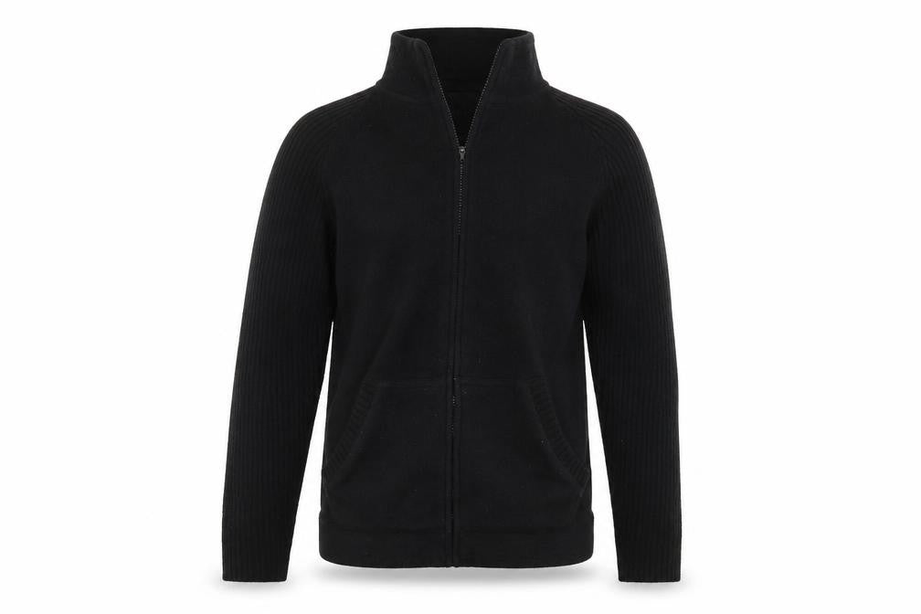 Front view of M&Co men’s black knit full zip jumper, size L