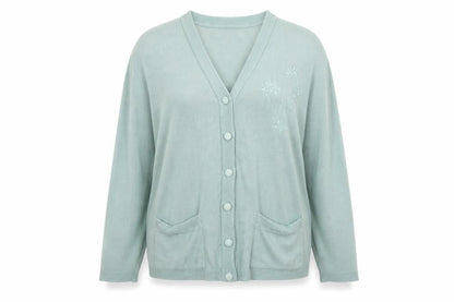 Front view of Cae women’s green cardigan jumper, size XL