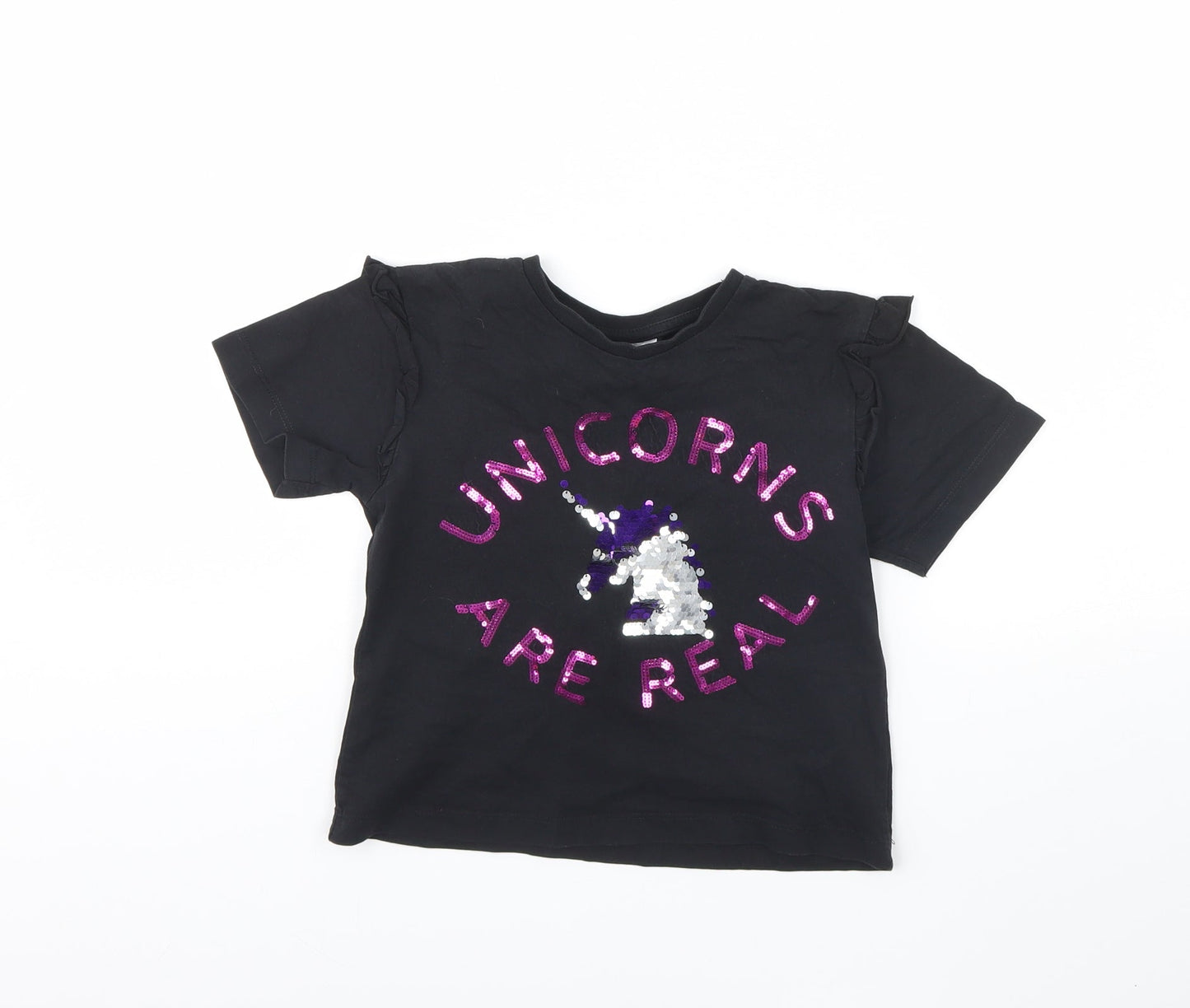 Preworn Girls Black   Camisole T-Shirt Size 7 Years  - Unicorns