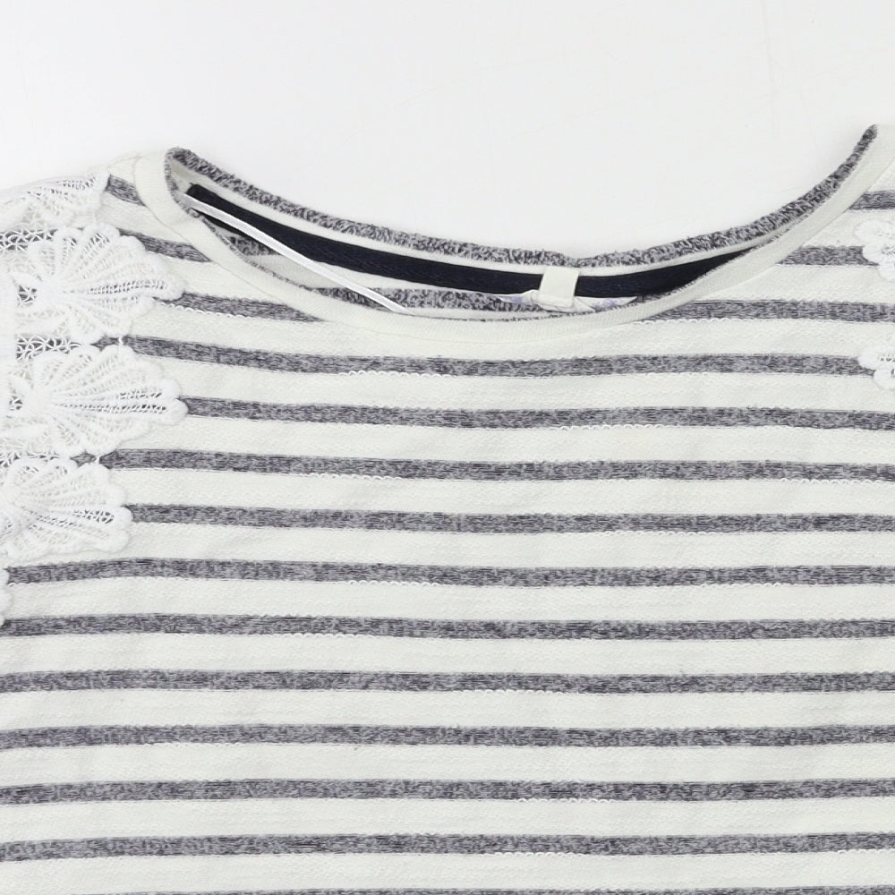 Close-up detail of Matalan women’s white striped jersey pullover sweatshirt, size UK 10